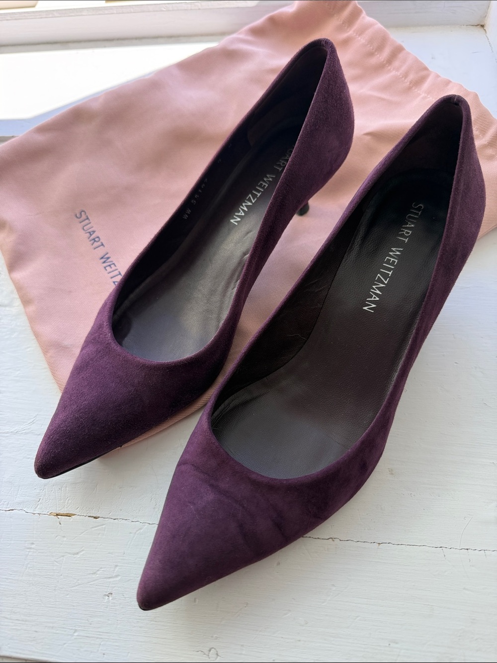 Stuart Weitzman Plum Suede Pointed-Toe Kitten Heel Pumps